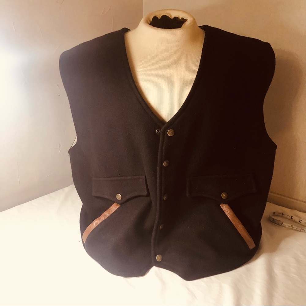 Schaefer Outfitter Men's Black Brown Leather Trim Wool Vest Large Style 825
